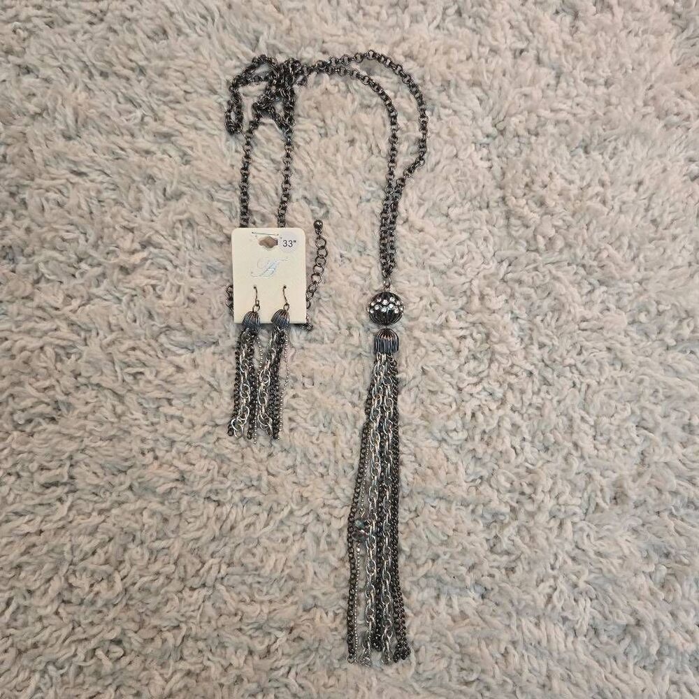 Dark Silver Chain Tassle Necklace & Earrings Set Rhinestone Accents